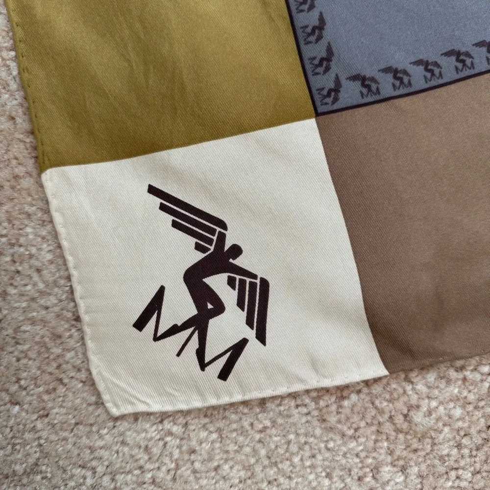 RARE Maison Mollerus Silk Scarf Square Logo Print Hand Rolled Brown Yellow